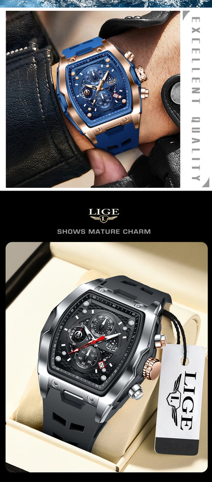 Reloj de negocios LIGE para hombre, resistente al agua, luminoso, cronógrafo, fecha, movimiento de cuarzo, correa de silicona, reloj de pulsera para hombre + caja