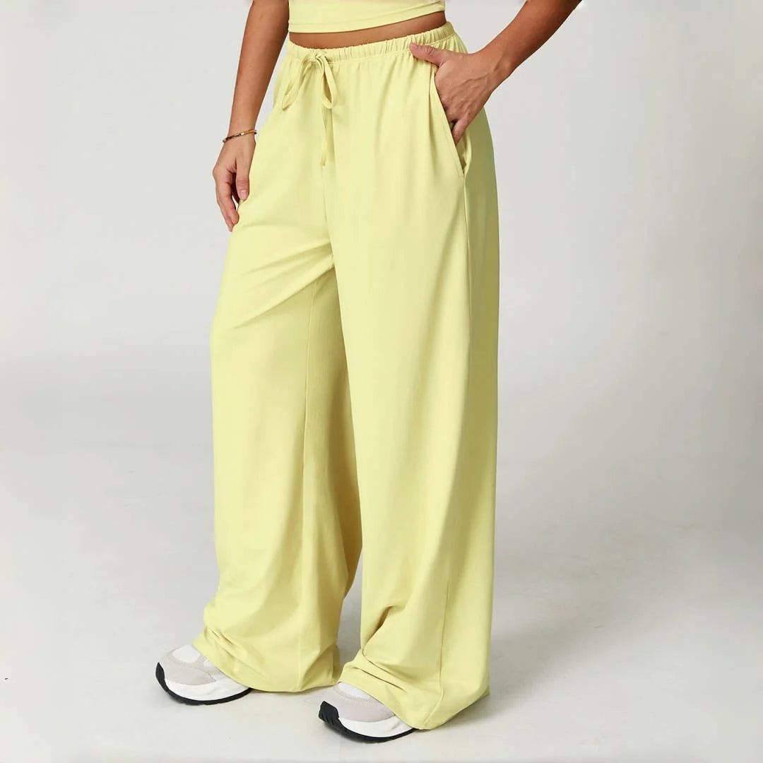 Pantalones de yoga deportivos para mujer, holgados, de pierna ancha, finos, transpirables, con cordón elástico y diseño caído.