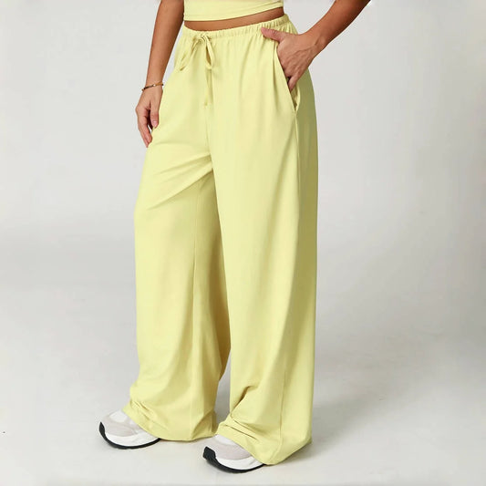 Pantalones de yoga deportivos para mujer, holgados, de pierna ancha, finos, transpirables, con cordón elástico y diseño caído.