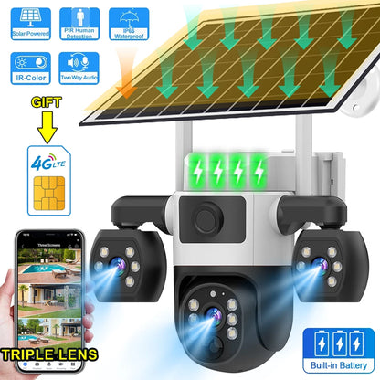 Cámara V380 Pro 4G con tarjeta SIM, panel solar, tres lentes, batería para exteriores, vigilancia doméstica, seguridad y protección (CCTV).