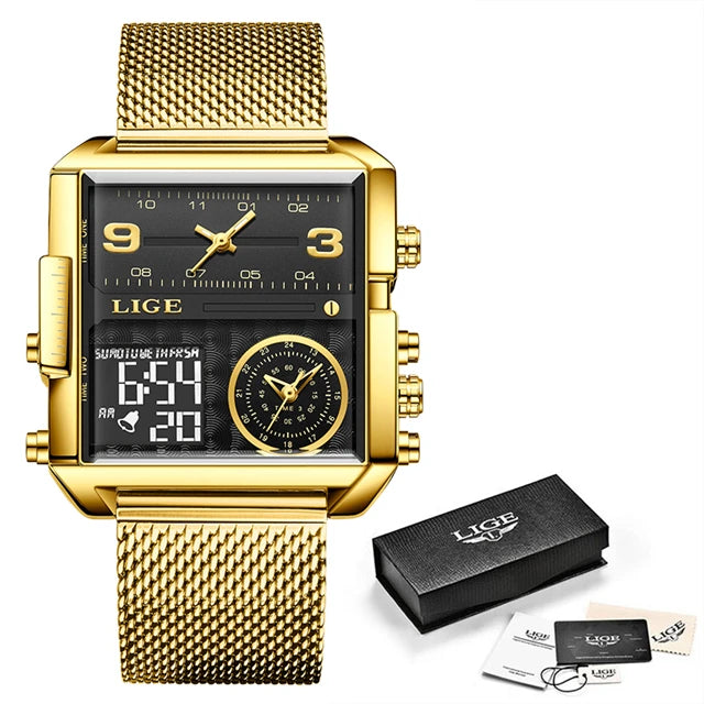 Reloj LIGE de acero negro para hombre, reloj digital con doble pantalla, cronógrafo deportivo, resistente al agua, de cuarzo, estilo militar