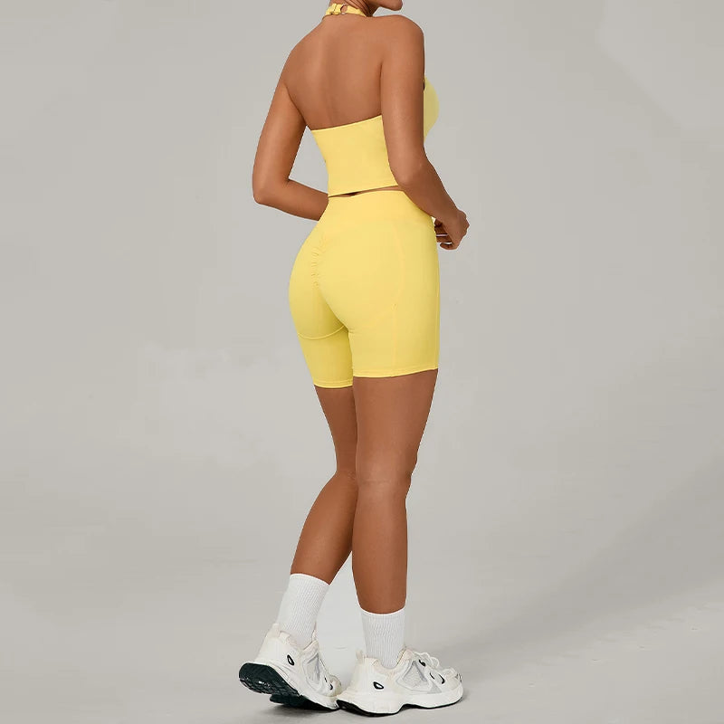 Ctenkevet - Conjunto de 2 piezas de sujetador halter sin espalda para mujer, ropa deportiva de secado rápido para gimnasio, conjunto deportivo femenino de dos piezas con pantalones cortos