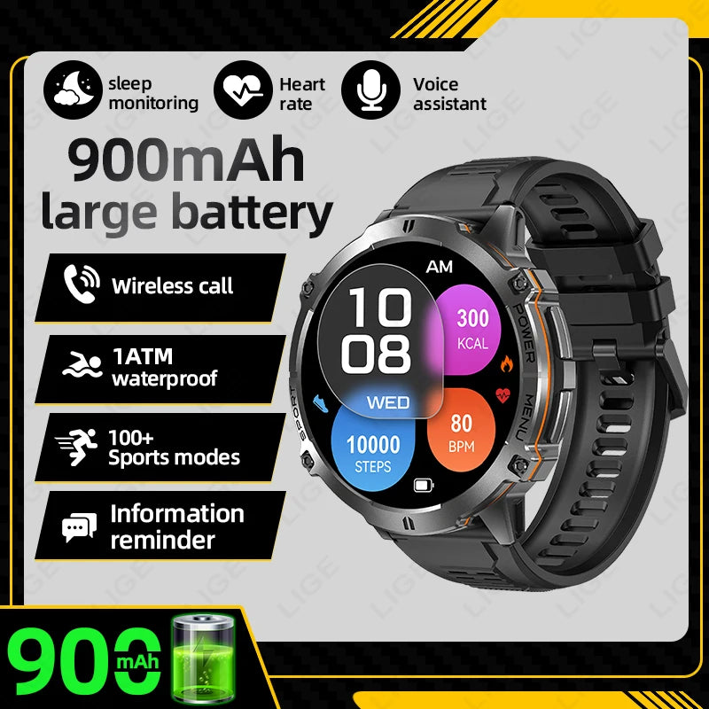 Reloj inteligente LIGE para hombre, con batería de 900 mAh, Bluetooth, llamadas, frecuencia cardíaca, oxígeno en sangre, brújula, monitor de salud, resistente al agua