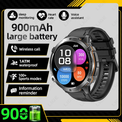 Reloj inteligente LIGE para hombre, con batería de 900 mAh, Bluetooth, llamadas, frecuencia cardíaca, oxígeno en sangre, brújula, monitor de salud, resistente al agua
