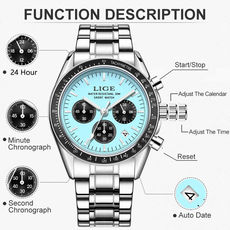 LIGE 2025 - Reloj de lujo para hombre, nuevo, de cuarzo, luminoso, resistente al agua, con cronógrafo y fecha, deportivo