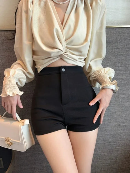 Pantalones cortos negros de cintura alta para mujer, ropa exterior de primavera y verano, nuevo estilo, ajustados, elásticos, que cubren la cadera, sexys, informales y de moda.