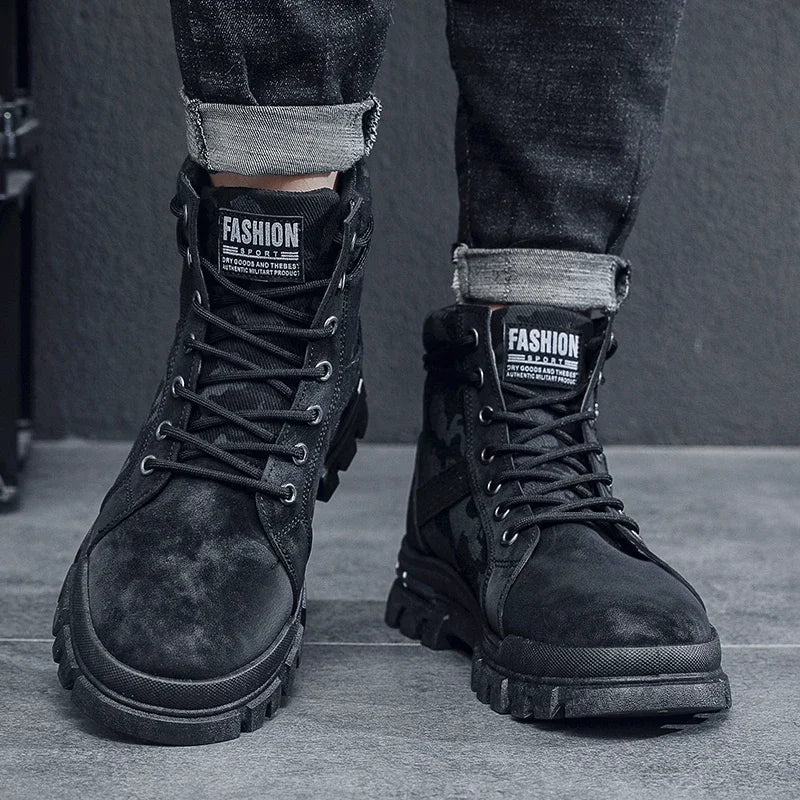 Botas altas para hombre, suela plana, ligeras, para senderismo, exteriores, negras, para correr, tenis, caminar, motocicleta