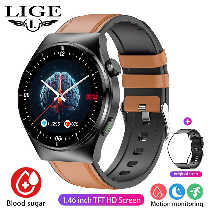 LIGE - Reloj inteligente para hombre de 1,46 pulgadas con terapia láser, control de lípidos, ácido úrico, VFC, llamadas, temperatura, deportivo y bienestar