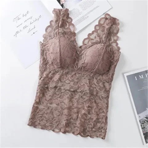 Camiseta de tirantes de encaje de talla grande para mujer, de longitud media, estilo fino de verano con almohadilla para el pecho, capa base, ropa interior exterior