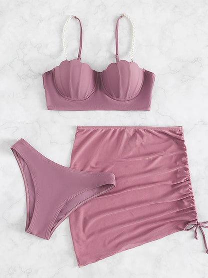 Conjunto de bikini sexy de 3 piezas para mujer, traje de baño con falda, novedad de 2023, bikini push up para mujer, ropa de playa con perlas sintéticas.
