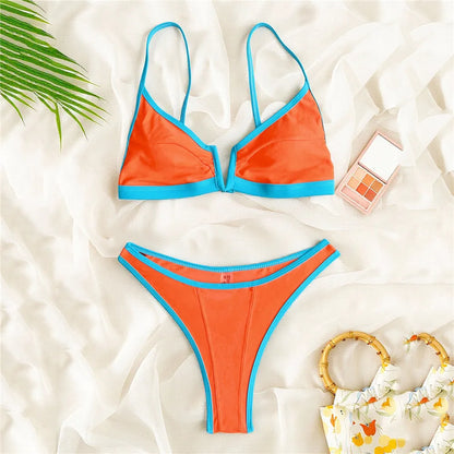 Conjuntos de bikini negros sexys con borde rosa, traje de baño con cuello en V para mujer 2025, microtanga de corte alto, bikinis de mujer