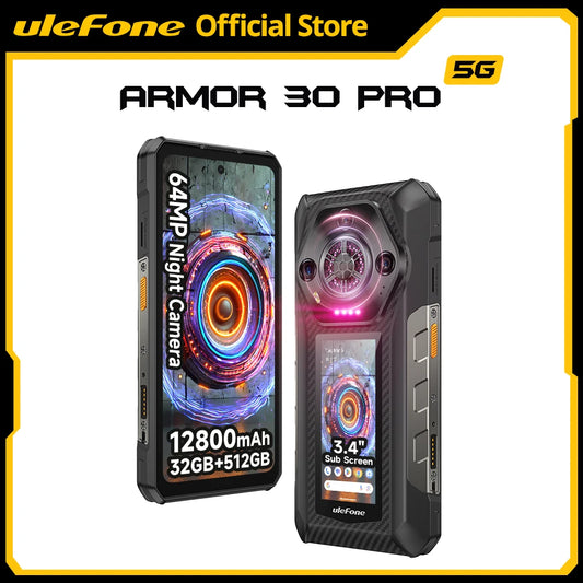 Ulefone Armor 30 Pro 5G Teléfono resistente con Android 14, pantalla de 6,95" y 120 Hz, 32 GB + 512 GB, batería de 12800 mAh, cámara nocturna de 64 MP y NFC.