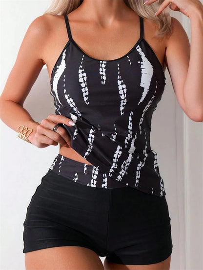 Traje de baño de dos piezas para mujer 2025, nuevo traje de baño liso con estampado de tirantes, tankini de verano, pantalones cortos tipo bóxer de cintura alta, traje de baño de playa para mujer