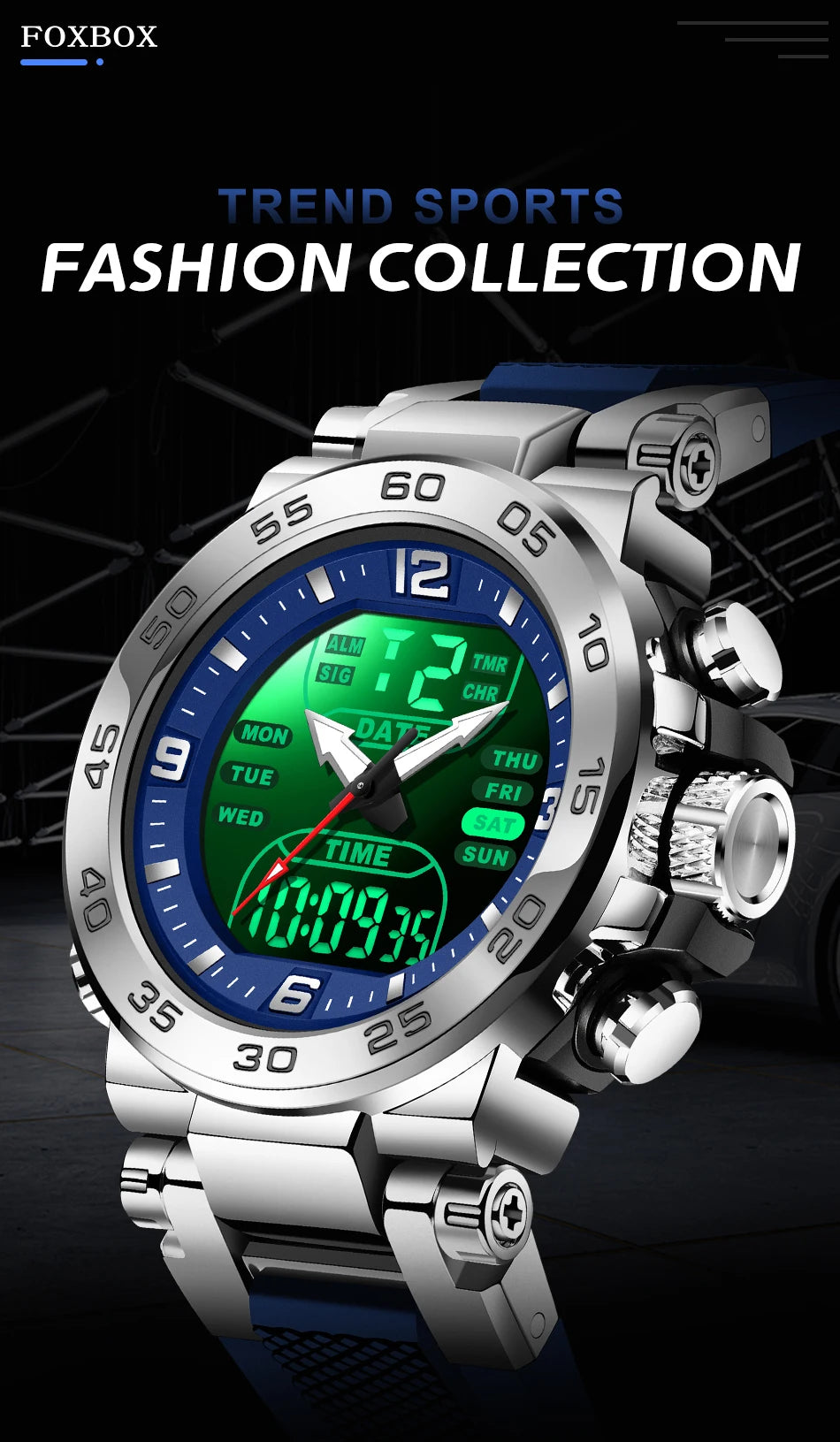 Relojes FOXBOX para hombre, marca superior, reloj de pulsera analógico digital de cuarzo de lujo para hombre, reloj luminoso con pantalla de doble horario resistente al agua para hombre