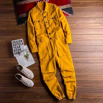 Spring Overalls Men's Jumpsuit Loose Long Sleeve Cotton Cargo Pants Black Yellow Workwear Trousers Working Uniform Rompers