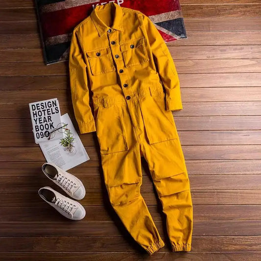 Spring Overalls Men's Jumpsuit Loose Long Sleeve Cotton Cargo Pants Black Yellow Workwear Trousers Working Uniform Rompers