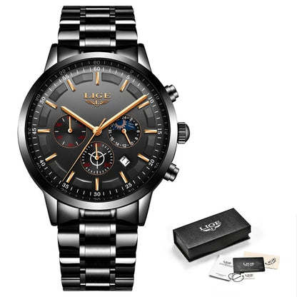 LIGE - Reloj de negocios para hombre, de cuarzo, de lujo, resistente al agua, 3 barras, cronógrafo luminoso, regalo + caja