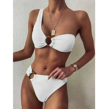Traje de baño de bikini bandeau sexy con un solo hombro y aro de color puro, corte entallado, para mujer, conjunto de tankini de playa con borde cruzado