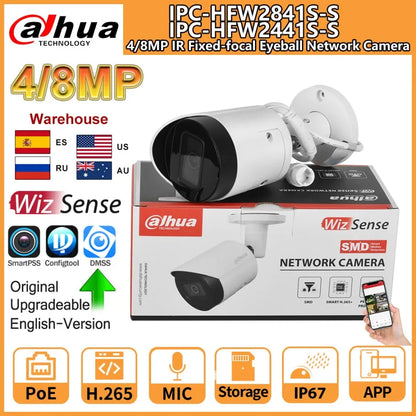 Cámara IP tipo bala Dahua de 8 MP, 4K, IPC-HFW2841S-S, 4 MP, IPC-HFW2441S-S. PoE, IR, micrófono integrado, ranura para tarjeta SD. Sistema de videovigilancia WizSense.