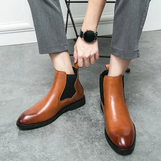 Botas Chelsea para hombre, de PU, lisas, hasta el tobillo, de caña alta, tacón bajo, con banda elástica tallada, botas formales de trabajo para negocios, tallas grandes 38-46
