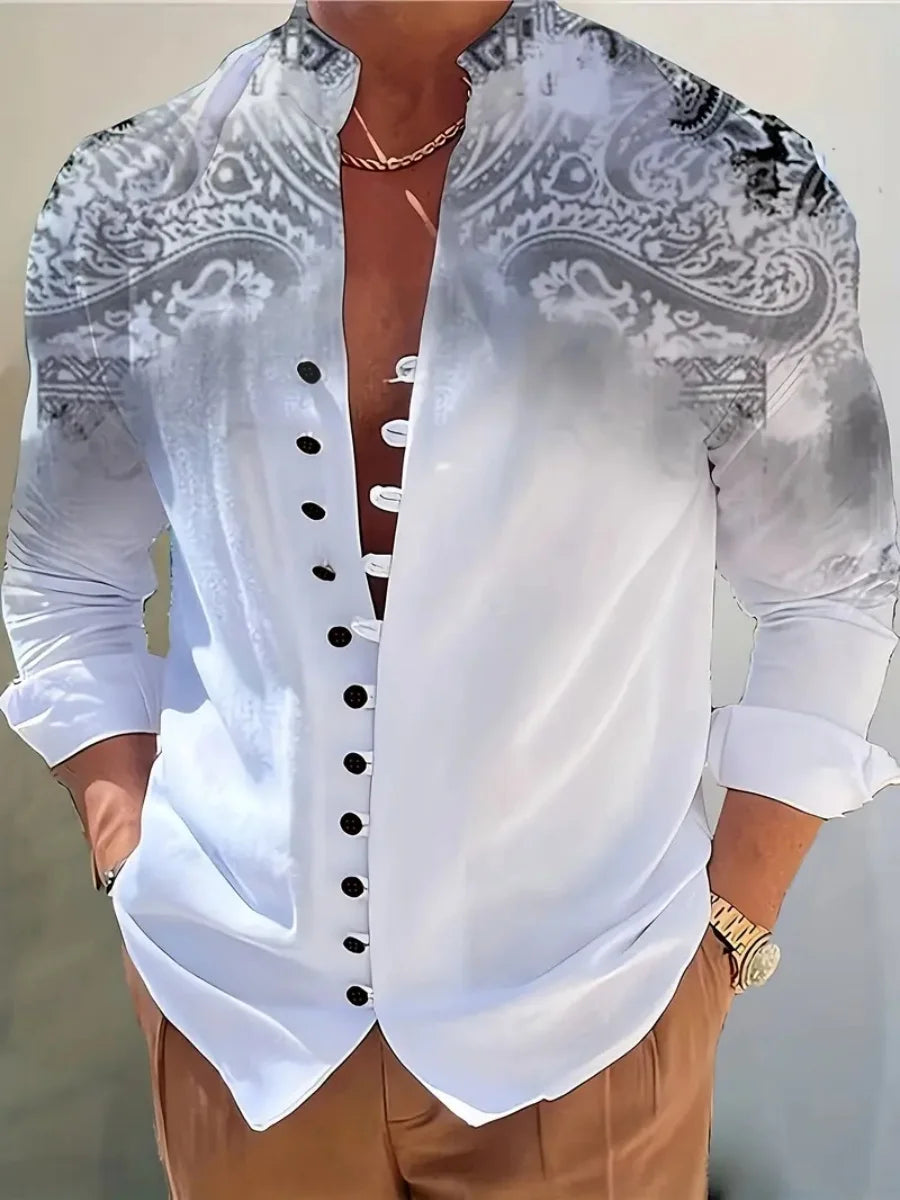 Nueva camisa de lino para hombre, con botones, patrón de tendencia de moda, corte ajustado, cómoda y suave, nueva marca retro.