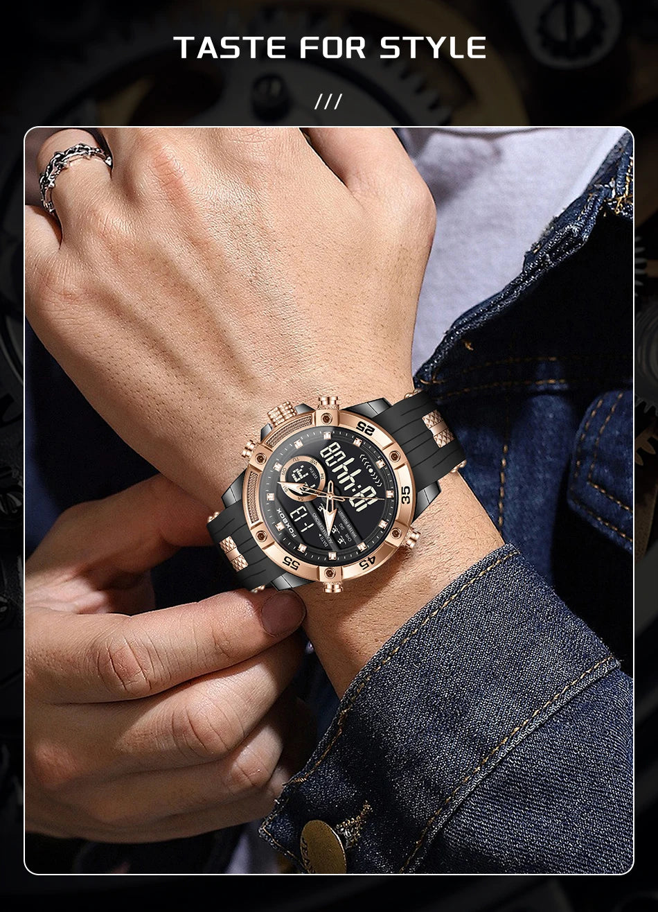 Reloj de pulsera de cuarzo de lujo FOXBOX para hombre, deportivo, impermeable, con doble pantalla, LED digital militar, de acero, para negocios + caja.