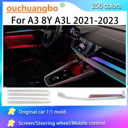 Luz ambiental LED Ouchuangbo para A3 8Y RS3 A3L 2021-2024, iluminación interior, 256 colores, lámpara de ambiente, kit de retroiluminación, moldura dinámica