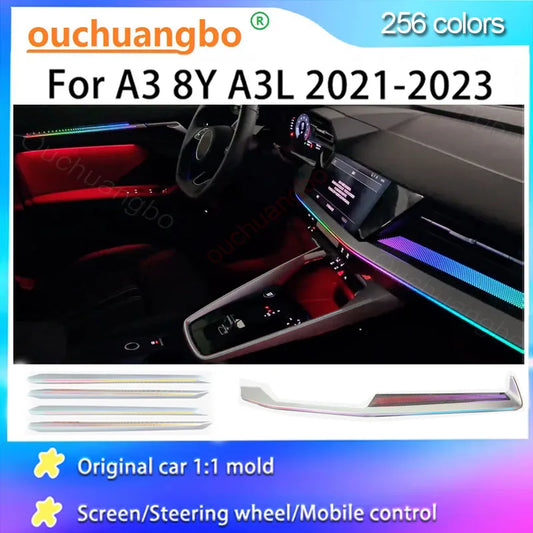 Luz ambiental LED Ouchuangbo para A3 8Y RS3 A3L 2021-2024, iluminación interior, 256 colores, lámpara de ambiente, kit de retroiluminación, moldura dinámica