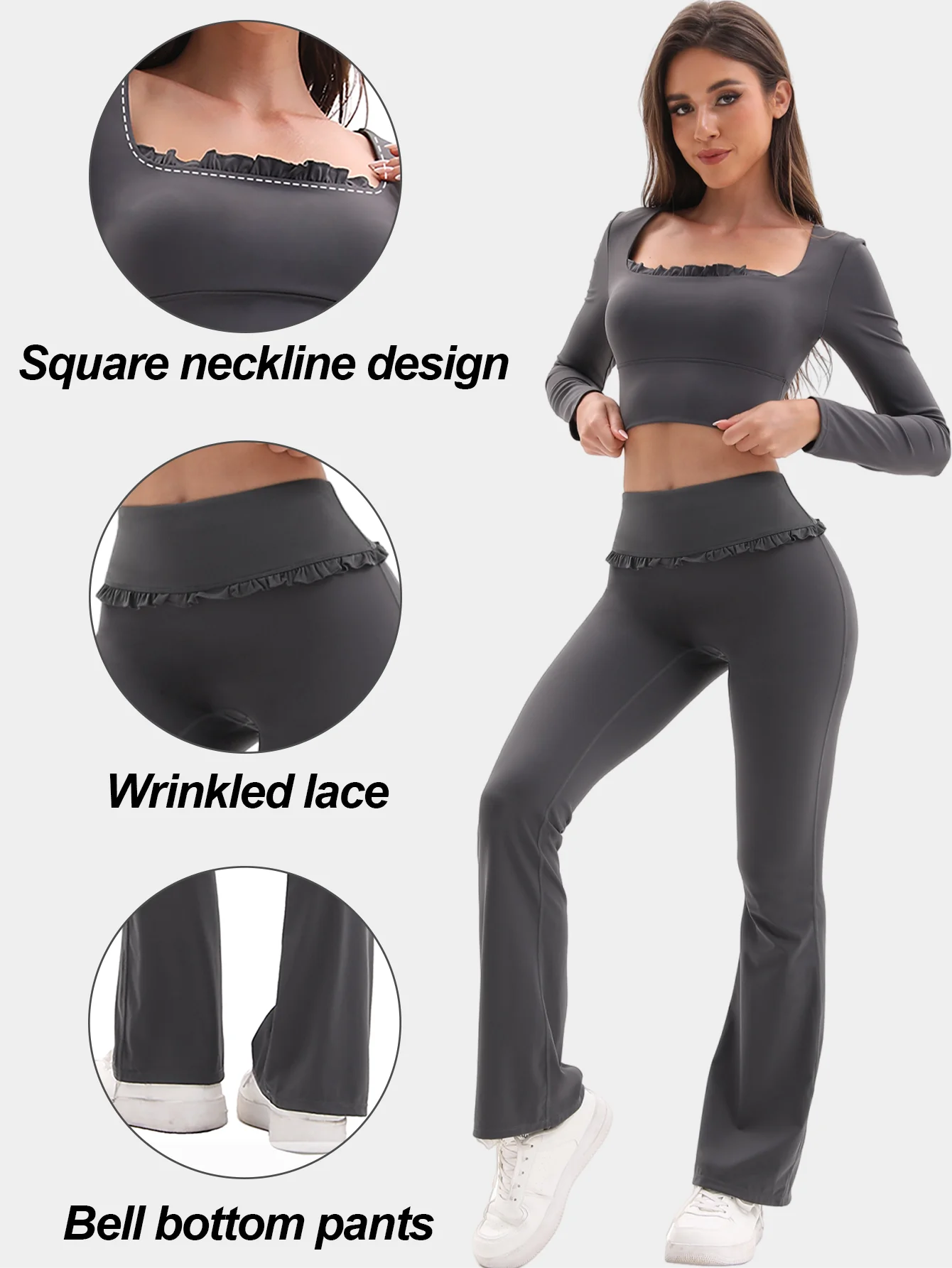 Conjunto de Yoga de 2 Piezas con Volantes para Mujer, Cintura Alta, Control de Abdomen, Pantalones Acampanados, Top de Manga Larga, Ropa Deportiva para Gimnasio, Correr, Clásico, Gris Oscuro