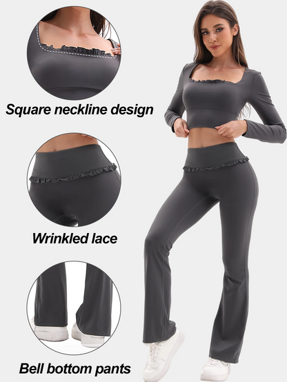 Conjunto de Yoga de 2 Piezas con Volantes para Mujer, Cintura Alta, Control de Abdomen, Pantalones Acampanados, Top de Manga Larga, Ropa Deportiva para Gimnasio, Correr, Clásico, Gris Oscuro