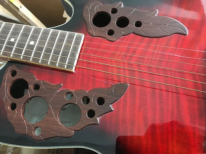 Guitarra acústica de fondo redondo con pequeños defectos, tapa flameada de alto brillo, 6 cuerdas, 38"