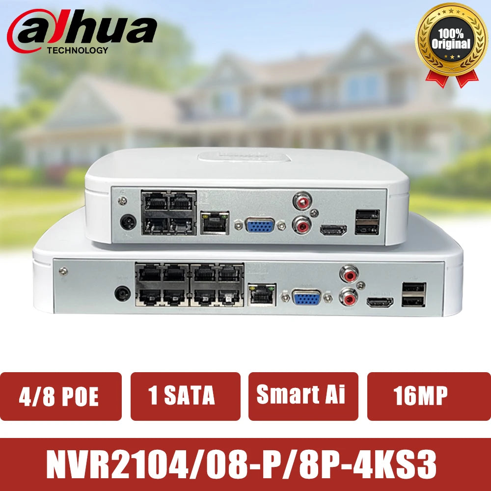Dahua NVR PoE de 4 y 8 canales, grabador de vídeo inteligente 4K compatible con cámaras IP de 4 MP, 8 MP y 12 MP, multilingüe, H.265 (NVR2104-P-4KS3 y NVR2108-8P-4KS3).