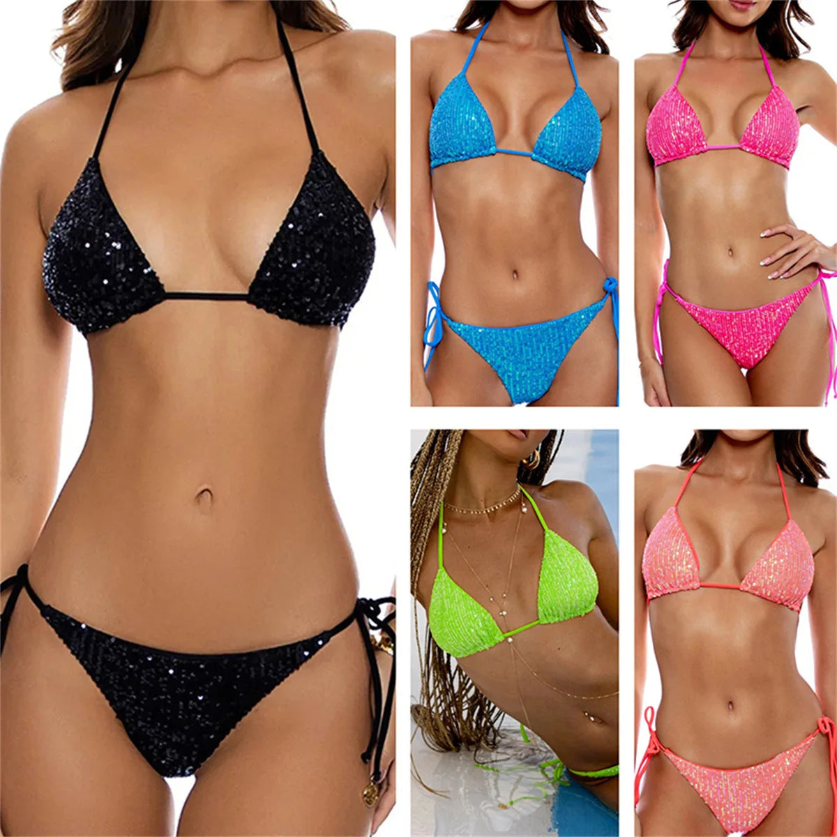 Bikini unicolor con purpurina, bañador sexy con cuello halter, traje de baño para mujer, conjunto de bikini con lentejuelas brillantes, ropa de playa, bikini brasileño