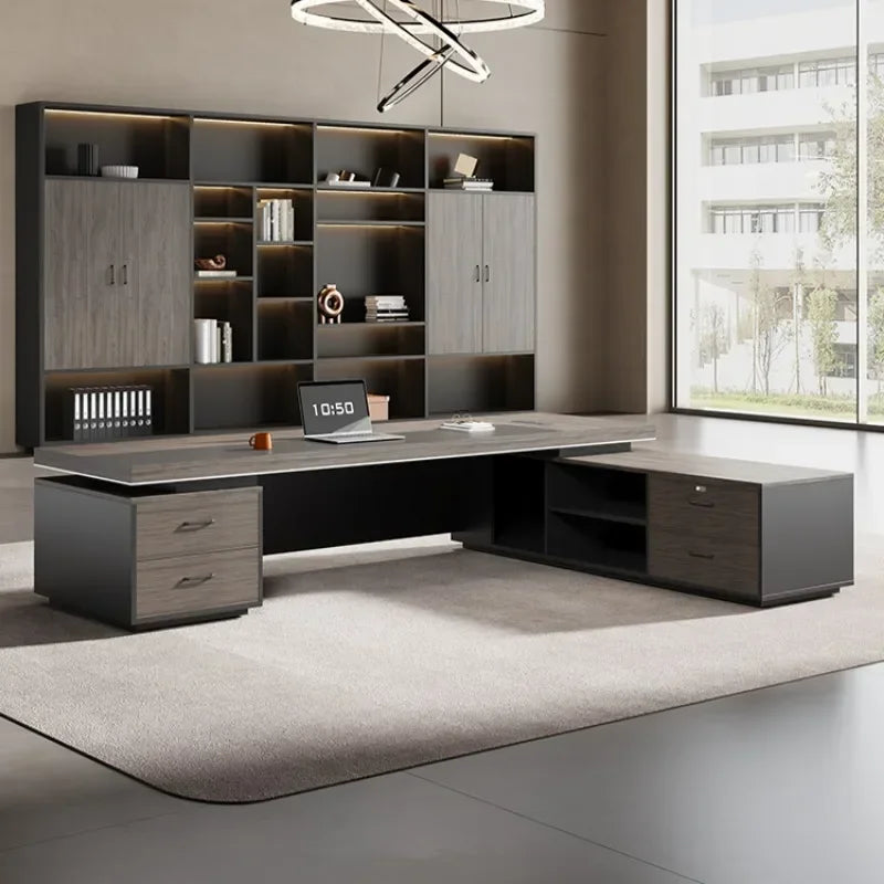 Organizador de escritorio de oficina vintage de lujo ligero en forma de L, escritorios de computadora de madera oscura de mediados de siglo, muebles de oficina Work Art Bureau Meuble