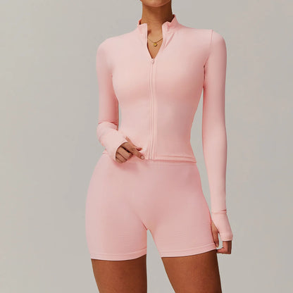 Conjunto deportivo de 2 piezas para mujer, chándal para correr, entrenamiento, con cremallera, pantalones cortos de manga larga, ropa de yoga, ropa deportiva