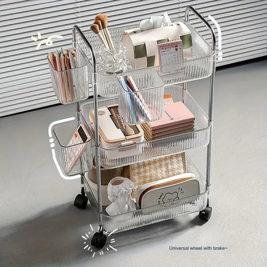Carrito de almacenamiento transparente de 3 niveles con ruedas: organizador rodante multifuncional para el hogar y la oficina, ideal para el dormitorio y la sala de estar.