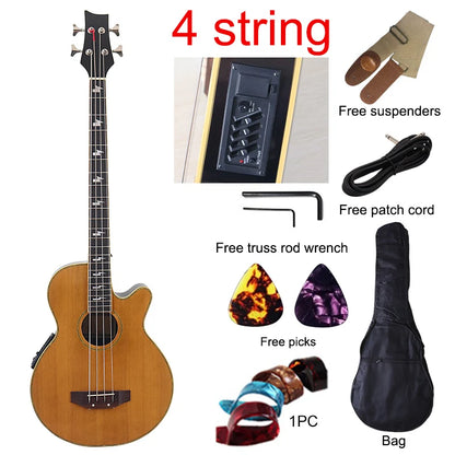 Bajo electroacústico de 43 pulgadas y 4 cuerdas, diseño de guitarra folk con cutaway, con funda y ecualizador.