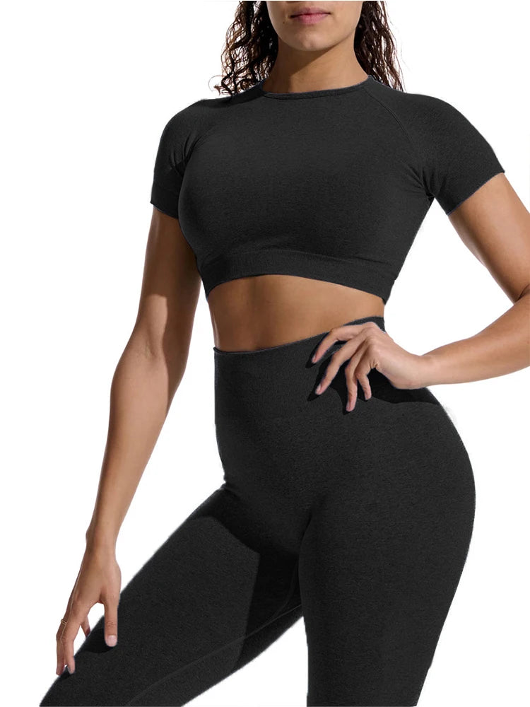 Conjunto de yoga de verano para mujer, cuello redondo, cintura alta, levantamiento de cadera, ajustado, moldeador, conjunto deportivo de dos piezas para fitness