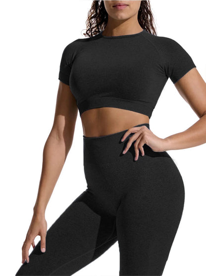Conjunto de yoga de verano para mujer, cuello redondo, cintura alta, levantamiento de cadera, ajustado, moldeador, conjunto deportivo de dos piezas para fitness