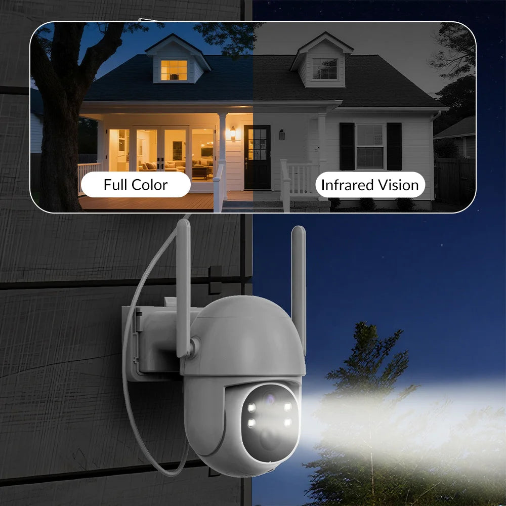 Cámara solar WiFi de 4 MP para exteriores, 2K, batería integrada, cámara de seguridad tipo domo con alimentación solar, alarma de movimiento PIR, almacenamiento en la nube y audio bidireccional.