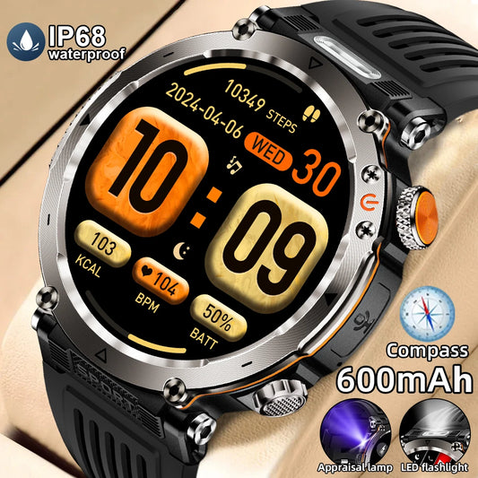 Reloj inteligente para hombre, nuevo, con batería de 600 mAh, control de la temperatura, el oxígeno en sangre, la salud, brújula, IP68, resistente al agua, linterna LED