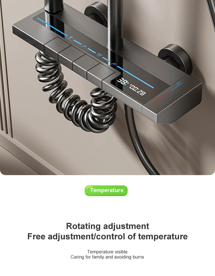 Sistema de ducha con luz ambiental y botones de piano grises, pantalla digital, grifos tipo lluvia y cabezal de ducha.
