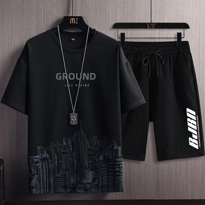 Conjunto deportivo de dos piezas para hombre, camiseta de manga corta a la moda, estilo veraniego, con estampado de montañas nevadas, corte entallado, versión coreana