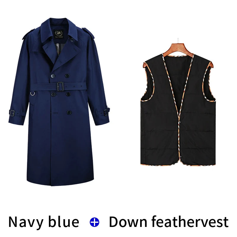 Super long windbreaker down liner  weatherproof men's trench coat British trend black trench coat men's casual coat