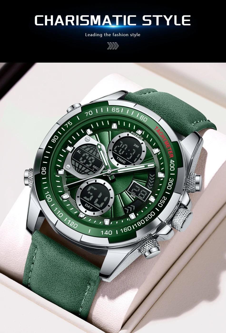 FOXBOX - Reloj de lujo para hombre, de marca superior, con alarma LED, de cuarzo, de cuero, resistente al agua, luminoso