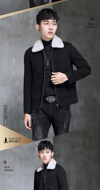 AYUNSUE Spring Autumn Wool Coat Men Double-sided Alpaca Jacket Mink Fur Collar Mens Coats and Jackets Overcoat 1970B KJ3859