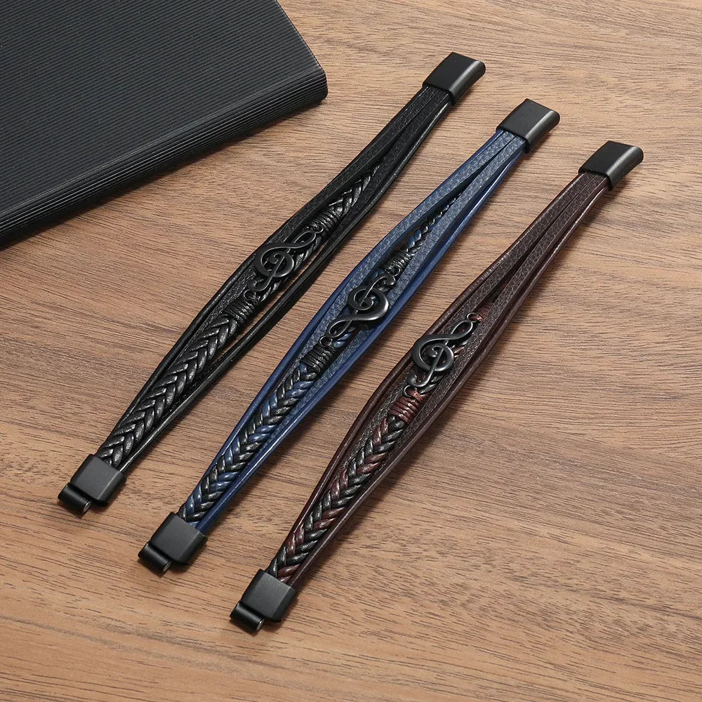 Pulseras para hombre, nuevas pulseras retro creativas con símbolo musical, pulseras sencillas de cuero multicapa con hebilla magnética, joyería