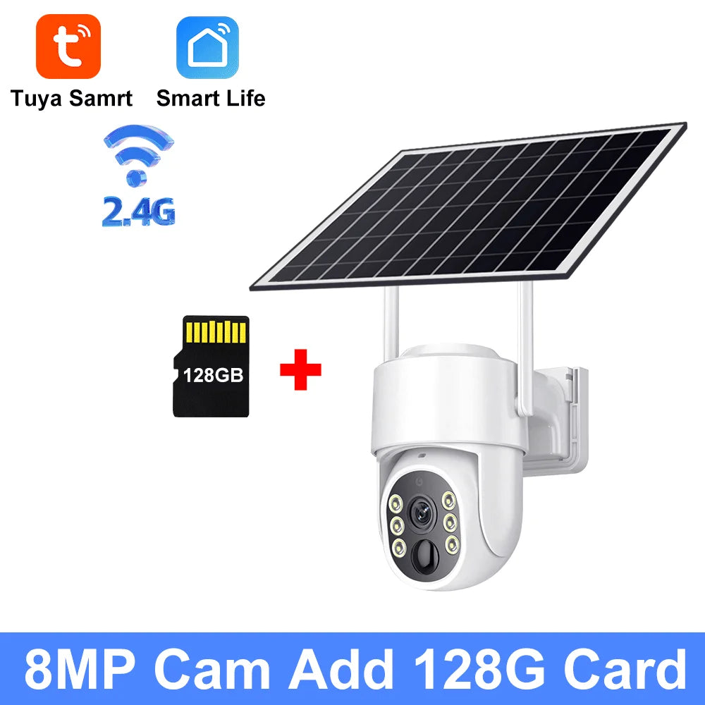 Cámara Tuya de 8 MP con energía solar, conexión wifi, detección humana PIR, visión nocturna, diseño resistente al agua, batería interna de seguridad para exteriores.