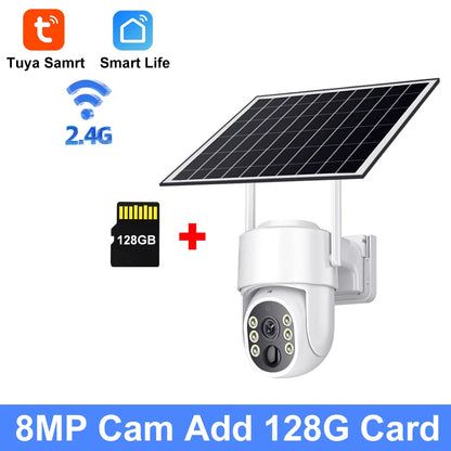 Cámara Tuya de 8 MP con energía solar, conexión wifi, detección humana PIR, visión nocturna, diseño resistente al agua, batería interna de seguridad para exteriores.