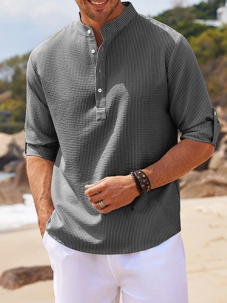 Camisas de manga larga de algodón y lino para hombre, de gran oferta, para primavera y otoño, de color liso, con cuello alto, estilo playero informal, tallas grandes S-5XL